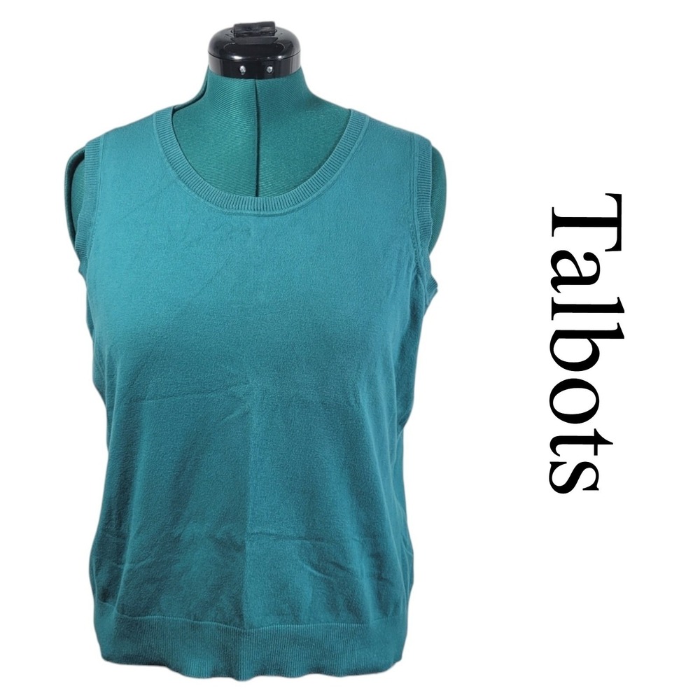 Talbots Sweater Vest Womens 1X Teal Pima Cotton Silk Blend Classic Crew Neck Top